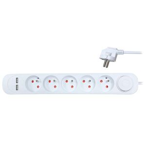 SOLIGHT prodlužovací přívod, 5 zásuvek, USB 2.4A, bílý, 3 x 1mm2, vypínač, 3m