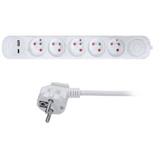 SOLIGHT PP152USBC prodlužovací přívod 3m 5 zásuvek, USB A+C 2.4A, bílý, 3x1mm2, vypínač