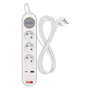 Emos Zásuvková lišta s vypínačem, 3 zásuvky + 1xUSB-A + 1xUSB-C, bílo-šedá, 2 m