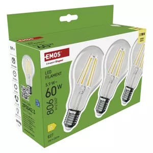 Emos LED žárovka Filament A60, E27, 5,9W (60W), 806lm, 2700K, 3 ks