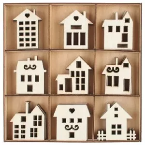 Anděl Přerov Sada dřevěných dekorací - domy 3,5 x 3 x 0,2 cm, 54 ks