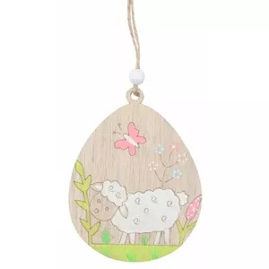 Anděl Přerov Závěsné vajíčko s ovcí a růžovým motýlem dřevěné 7,5 x 9 x 0,5 cm