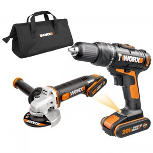 WORX Orange WX963 - Aku příklepová vrtačka a aku úhlová bruska 20V, 2x 2.0Ah + taška - PowerShare 45900963