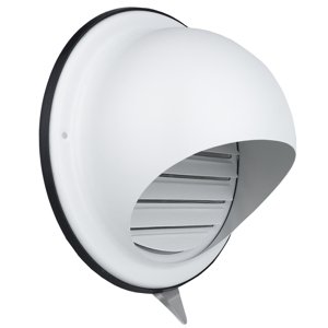 Bílá větrací mřížka Dalap SUVLAW 200 na fasádu, se stříškou, síťkou a přírubou, Ø 200 mm