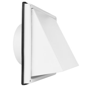 Bílá větrací mřížka Dalap GM 122 BKNW na fasádu, se stříškou, klapkou a přírubou, Ø 125 mm