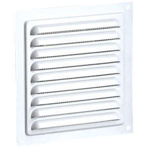 Kovová ventilační mřížka bez příruby s pevnou žaluzií a síťkou 300x300 mm, bílá