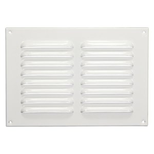 Kovová ventilační mřížka bez příruby s pevnou žaluzií a síťkou 215x150 mm, bílá