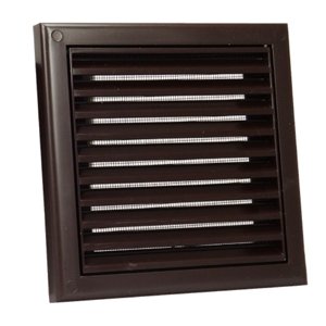 PVC větrací mřížka bez příruby s pevnou žaluzií a síťkou 154x154 mm, hnědá