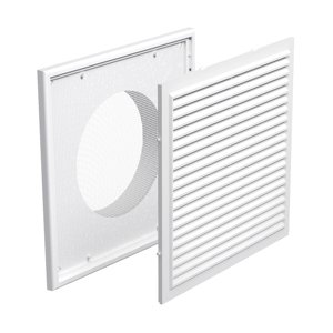 PVC větrací mřížka se síťkou, pevnou žaluzií 186x186 mm a přírubou Ø 150 mm, bílá