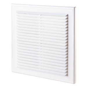 PVC větrací mřížka bez příruby s pevnou žaluzií a síťkou 204x204 mm, bílá