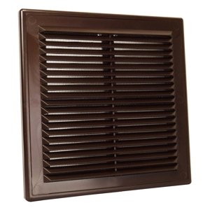 PVC větrací mřížka bez příruby s pevnou žaluzií a síťkou 204x204 mm, hnědá