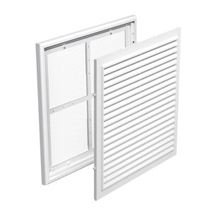 PVC větrací mřížka bez příruby s pevnou žaluzií a síťkou 250x250 mm, bílá