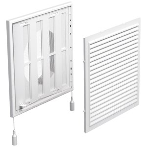 PVC větrací mřížka s mechanicky ovládanou žaluzií 250x250 mm a přírubou Ø 150 mm, bílá