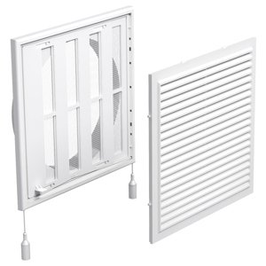 PVC větrací mřížka s mechanicky ovládanou žaluzií 250x250 mm a přírubou Ø 200 mm, bílá